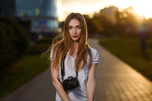 Blonde Girl Camera Around Neck 4k (2560x1080) Resolution Wallpaper