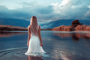 Blonde Girl Long Hair White Dress Walking In Lake (3840x2160) Resolution Wallpaper