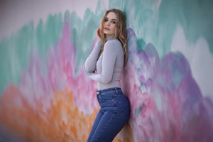 Blonde Girl Model Standing Aside Wall (1920x1200) Resolution Wallpaper