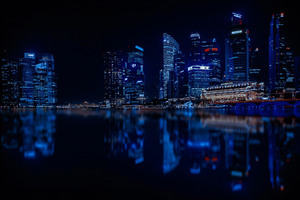 Blue Lights Reflection Water Buildings (320x240) Resolution Wallpaper