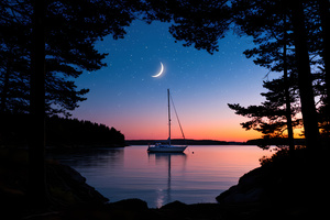 Boat Night Minimal Nature 5k (2560x1024) Resolution Wallpaper