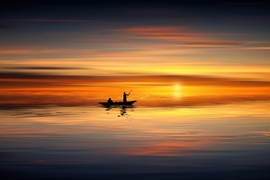 Boat Ocean Sunset Landscape 5k