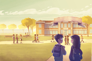 Boy And Girl Going To School Illustration Wallpaper