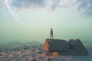 Boy Standing On Rock Looking At Landscape View 4k