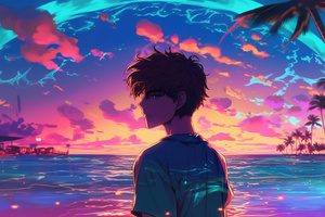 Boy Vaporwave Sunset Glow Palm Trees Yacht Relaxing (5120x2880) Resolution Wallpaper