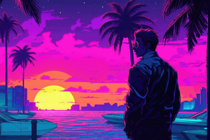 Boy With Sunglasses Vaporwave Sunset Glow Palm Trees Yacht Relaxing Wallpaper