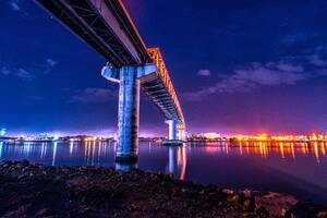 Bridge Under Water City Lights Colorful 5k
