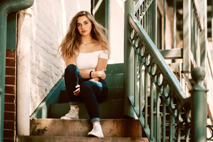 Brown Haired Girl Sitting On Stairs 4k