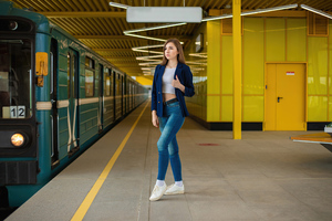 Brunetee Model Blue Jeans Train Station Wallpaper