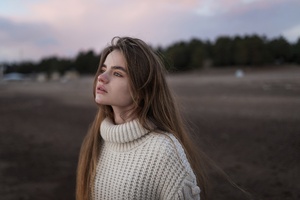 Brunette Girl In Sweater Depth Of Field (2560x1080) Resolution Wallpaper