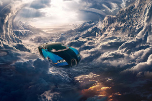 Bugatti Flying In The Sky Clouds Cityscape (1366x768) Resolution Wallpaper