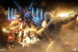 Captain Marvel Thanos Iron Man Artwork (2048x2048) Resolution Wallpaper