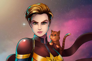 Captain Marvel With Cat 4k (2932x2932) Resolution Wallpaper