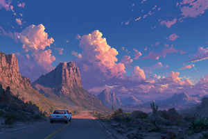 Car Driving Through A Desert Canyon At Sunset Wallpaper