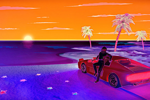 Car Racer Sunset Beach (5120x2880) Resolution Wallpaper
