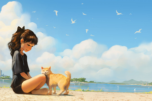 Cat And Anime Girl Enjoying A Sunny Beach Day (1360x768) Resolution Wallpaper