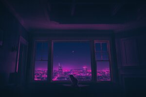 Cat Gazes Through The Window Into A World Of Big Synthwave Wallpaper