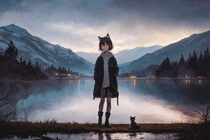 Cat Girl Lake Trees White Hoodie Mountains 10k (2560x1440) Resolution Wallpaper