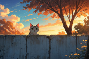 Cat Peeking Over The Wall During A Warm Sunset (1680x1050) Resolution Wallpaper
