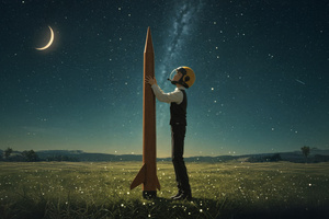 Child In A Helmet With A Rocket In A Field (2560x1024) Resolution Wallpaper