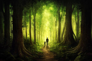 Children Walking With Dad Journey To Forest Wallpaper