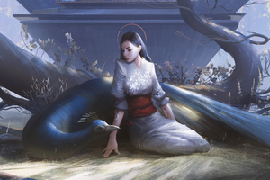 Chilling With Her Peacock 5k (1336x768) Resolution Wallpaper