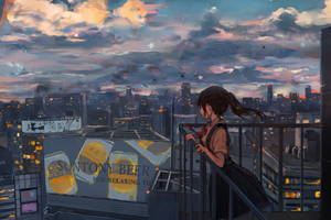 Cityscape Sky Anime Girl Peace Alone 4k Wallpaper