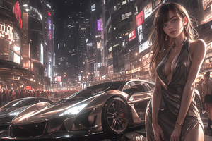 Classy Girl And Tokyo Cars (1336x768) Resolution Wallpaper