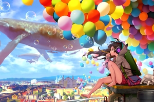 Colorful City Anime Girl Blowing Bubbles