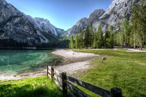 Conifer Fence Lake Landscape Outdoors Nature Photography 5k (1280x720) Resolution Wallpaper