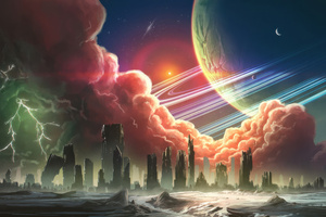 Cosmic Storm Over Alien Metropolis (2048x2048) Resolution Wallpaper