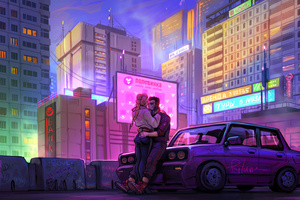 Couple Kiss In Cyber City (3840x2160) Resolution Wallpaper