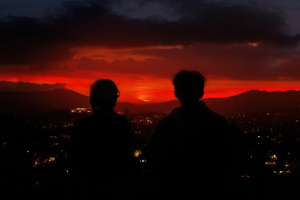Couple Silhouette In Dark Sunset (2560x1080) Resolution Wallpaper