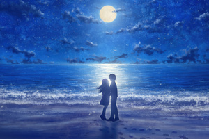 Couple Silhouette On Beach Under Full Moon (2048x1152) Resolution Wallpaper