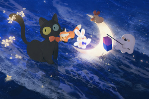 Cute Animals Dancing In Space (1360x768) Resolution Wallpaper