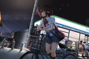 Cute Anime Girl With Bicycle Listening Music On Headphones (1336x768) Resolution Wallpaper