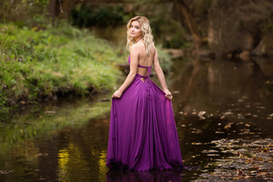 Cute Girl Purple Dress Looking Back Outdoor Photography (5120x2880) Resolution Wallpaper