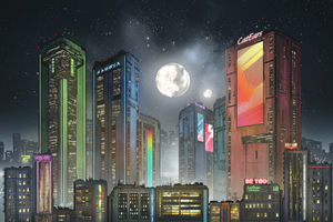 Cyber Cityscape Under A Big Moon Wallpaper