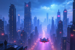 Cyber Jet Floating Over The City (1152x864) Resolution Wallpaper