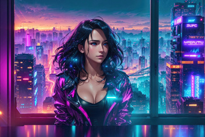 Cyberpunk Girl Gazing Into The Neon Abyss Of Tomorrow Wallpaper