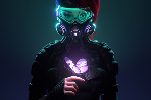 Cyberpunk Girl In A Gas Mask Looking At The Glowing Butterfly Landed On Her Finger 4k