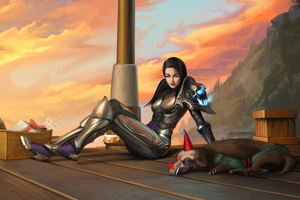 Cyberpunk Girl Sitting With Cyberdog Alone (3840x2400) Resolution Wallpaper