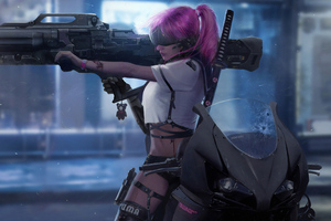 Cyberpunk Girl With Rocket Launcher (1366x768) Resolution Wallpaper