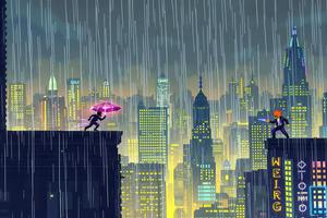 Cyberpunk Rooftop Chase In The Rain (1152x864) Resolution Wallpaper