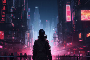 Cyberpunk Sci Fi Girl And The Urban Maze Synthetic Skylines (7680x4320) Resolution Wallpaper