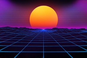 Cyberpunk Sunset Grid Mountains Sun Dark Design