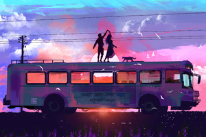 Dancing Couple Evening Romance On A Bus (2560x1440) Resolution Wallpaper