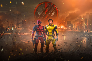 Deadpool And Wolverine In A City Ablaze (2560x1024) Resolution Wallpaper