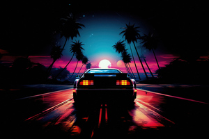 Delorean And Outrun Sunset (2048x1152) Resolution Wallpaper
