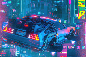 Delorean Dashing Through The Scifi Cityscape (2048x2048) Resolution Wallpaper